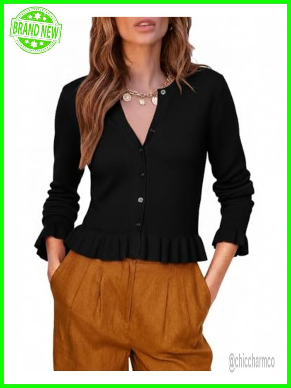Ruffled Button Down Linen Cardigan Lightweight Knit Top